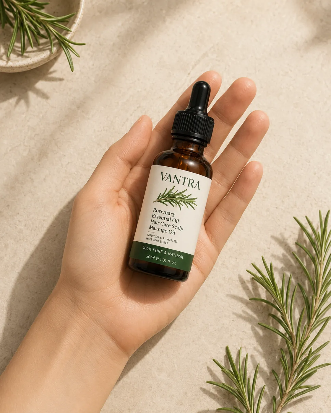 Hand holding the Vantra Rosemary Scalp Oil 30ml bottle beside fresh rosemary sprigs