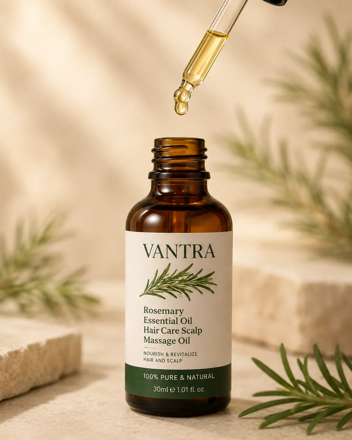 Vantra Rosemary Scalp Oil dropper releasing a drop of oil above the open bottle