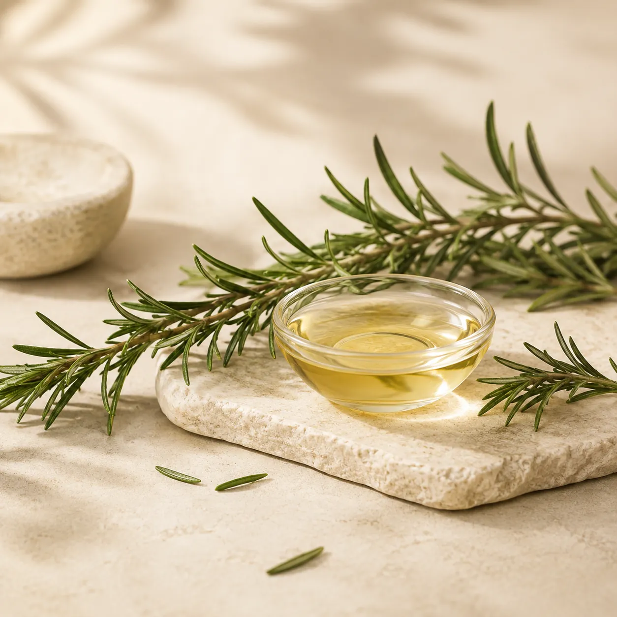 Bowl of rosemary oil on a stone slab with fresh rosemary sprigs
